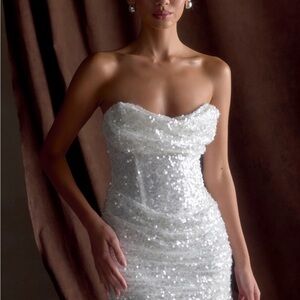 Meshki White Sequin Strapless Bridal Gown